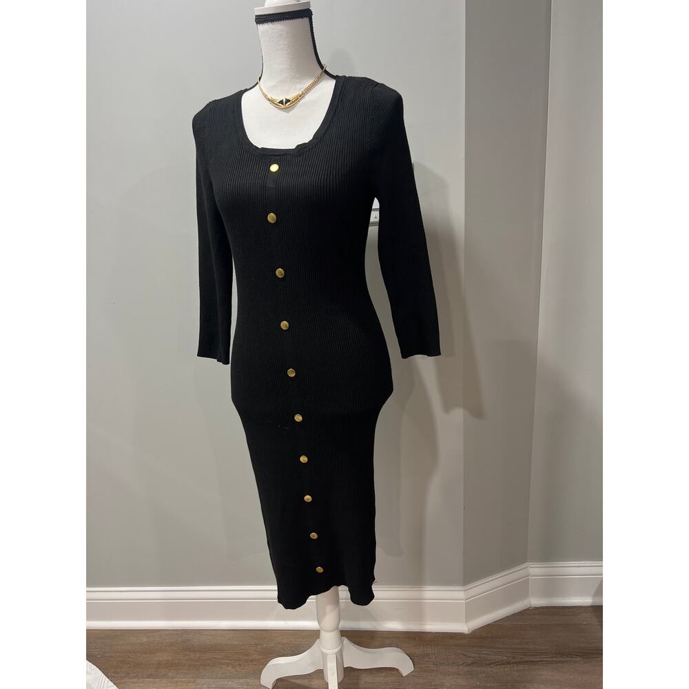 Derek Heart Black Bodycon Dress with Gold Buttons – Size XL, 3/4 Sleeve